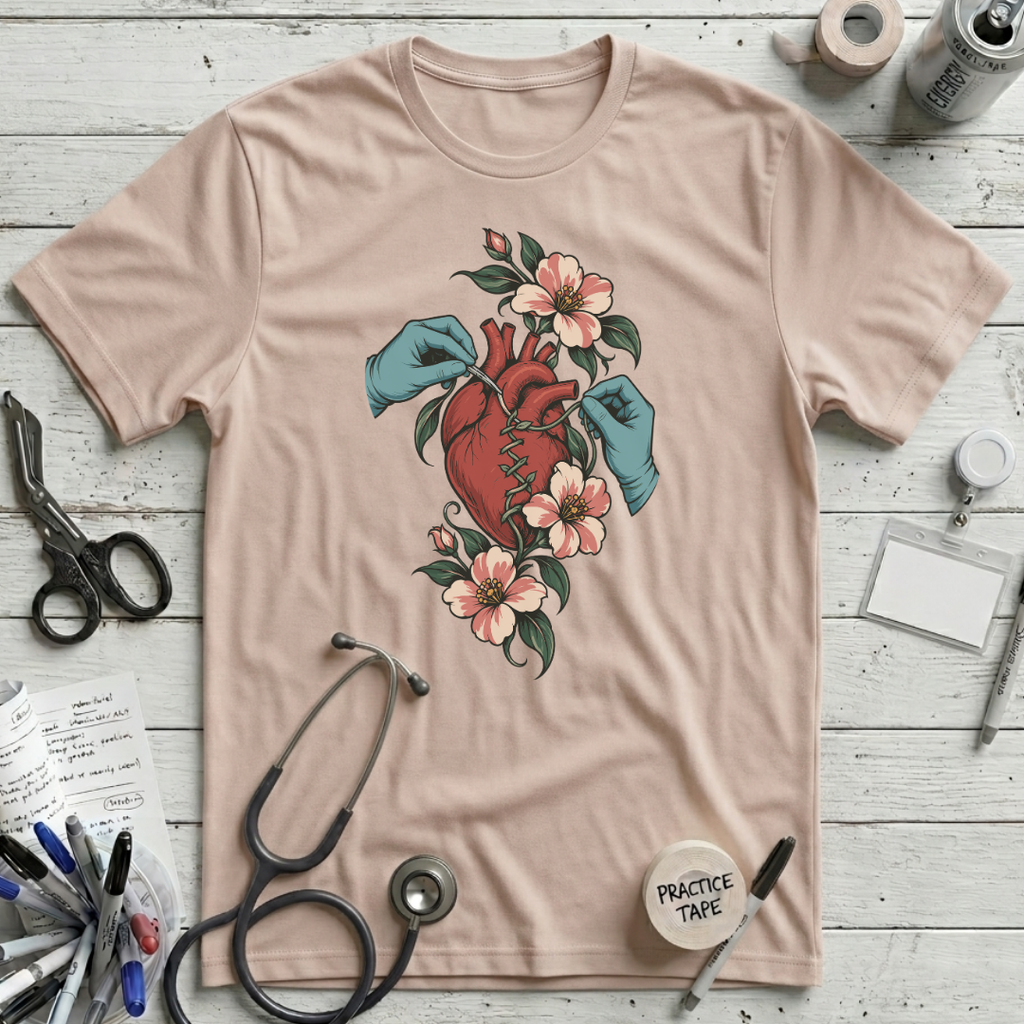 Botanical Heart Sutures T-Shirt - Soft Pink