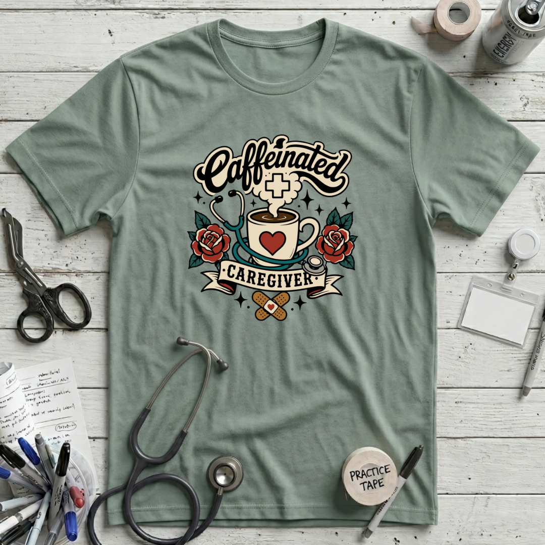 Caffeinated Caregiver T-Shirt - Dusty Blue