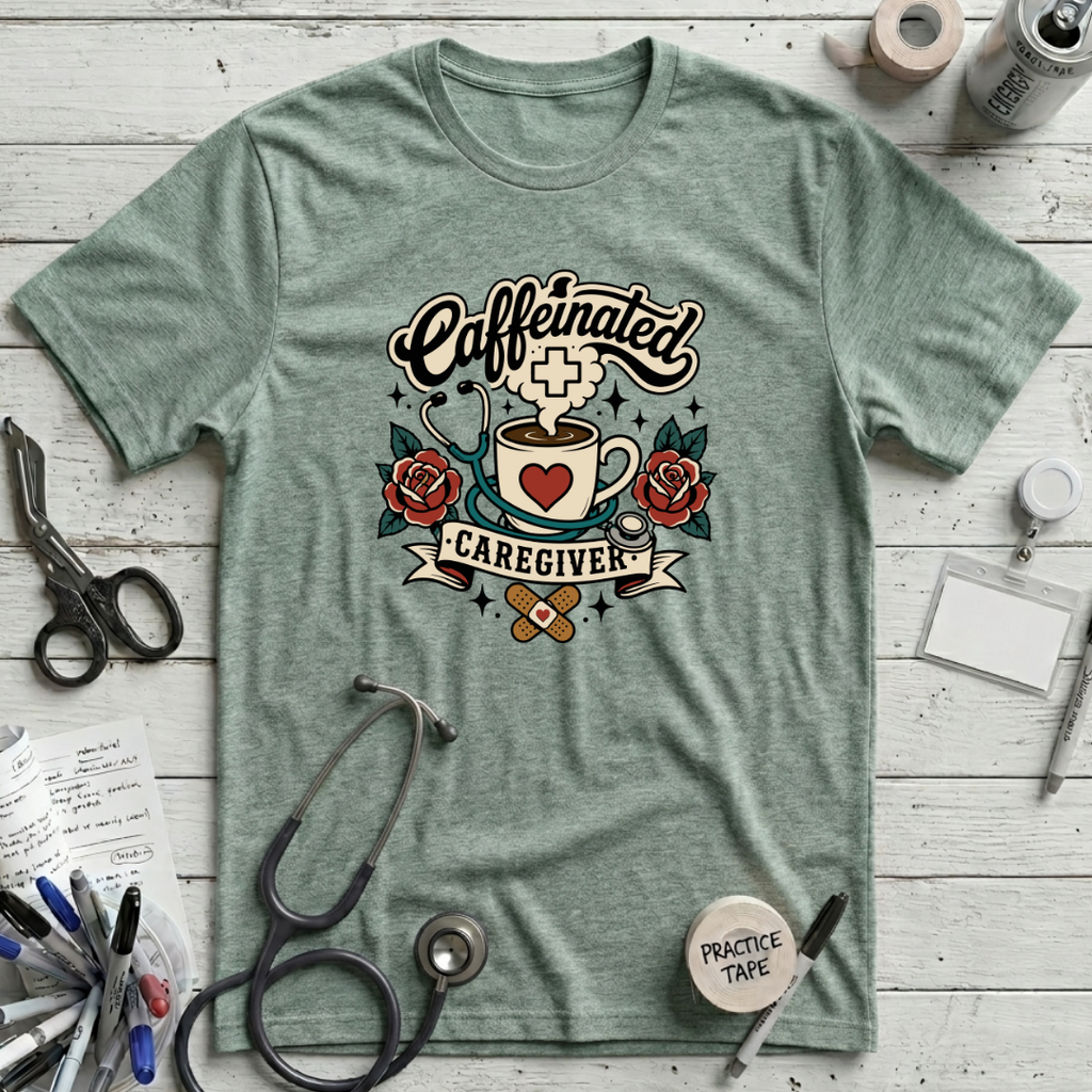 Caffeinated Caregiver T-Shirt - Heather Dusty Blue