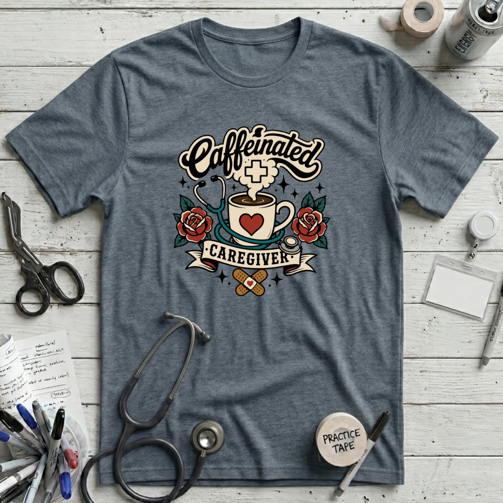 Caffeinated Caregiver T-Shirt - Heather Slate