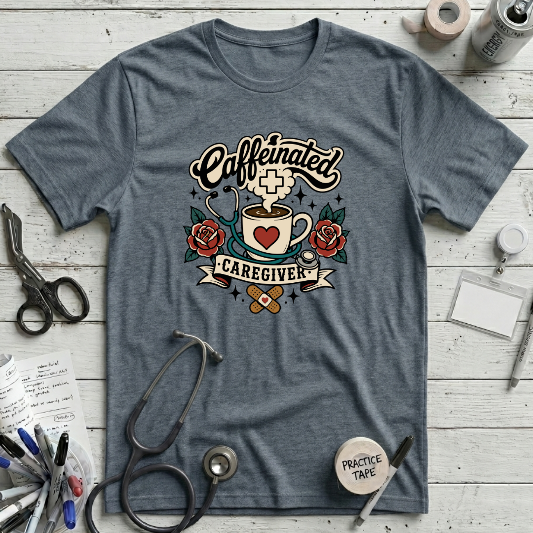 Caffeinated Caregiver T-Shirt - Heather Slate