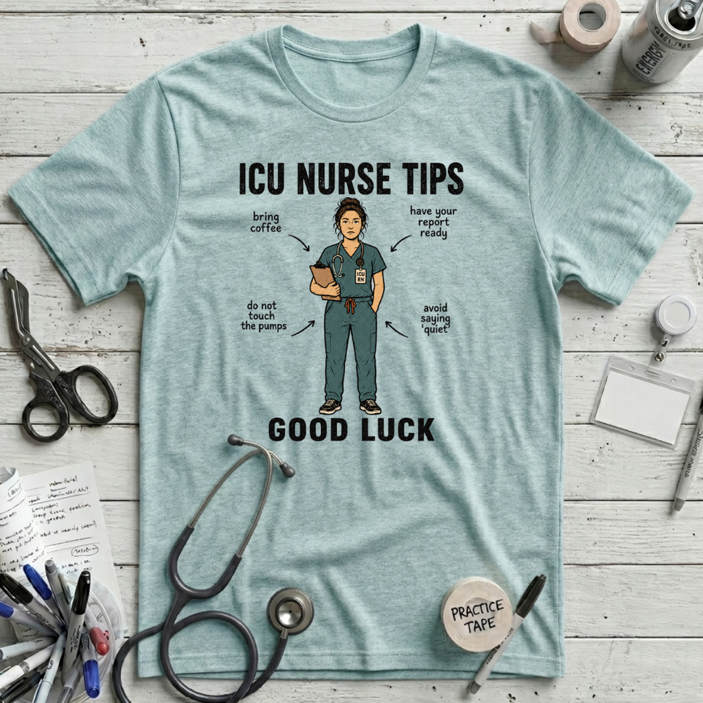 ICU Nurse Tips T-Shirt - Heather Ice Blue