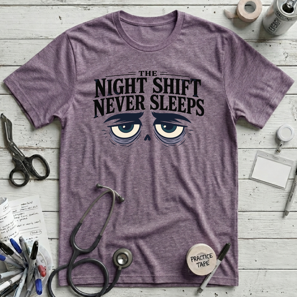 Never Sleeps T-Shirt - Heather Purple