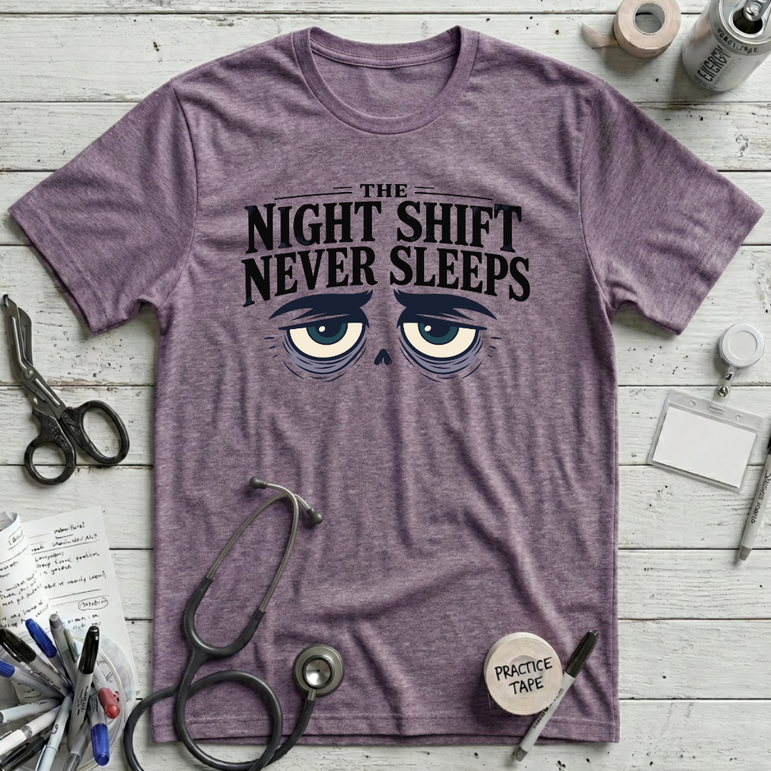 Never Sleeps T-Shirt - Heather Purple