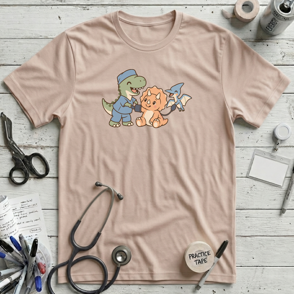 Dinosaur Checkup Crew T-Shirt - Soft Pink